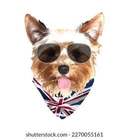 Yorkshire Terrier portrait, Cute cool dog in glasses and UK flag bandana, Vector illustration.