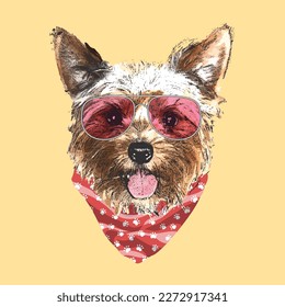 Yorkshire Terrier portrait, Cute cool dog in glasses and bandana, Vector illustration.