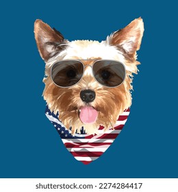 Yorkshire Terrier portrait, Cute cool dog in glasses and USA flag bandana, Vector illustration.