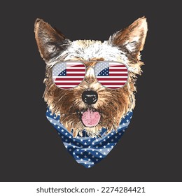 Yorkshire Terrier portrait, Cute cool dog in USA flag glasses and bandana, Vector illustration.