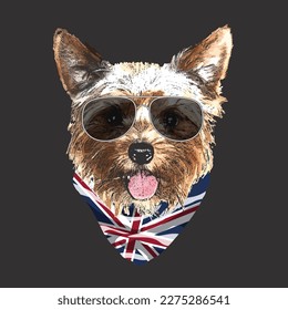 Yorkshire Terrier portrait, Cute cool dog in glasses and UK flag bandana, Vector illustration.