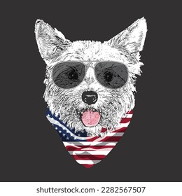 Yorkshire Terrier portrait, Cute cool dog in glasses and USA flag bandana, Vector illustration.