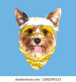 Yorkshire Terrier portrait, Cute cool dog in glasses and bandana, Vector illustration.