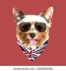 Yorkshire Terrier portrait, Cute cool dog in glasses and UK flag bandana, Vector illustration.