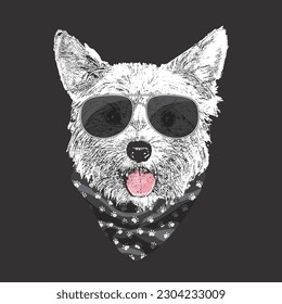 Yorkshire Terrier portrait, Cute cool dog in glasses and bandana, Vector illustration.