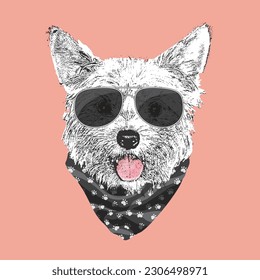 Yorkshire Terrier portrait, Cute cool dog in glasses and bandana, Vector illustration.