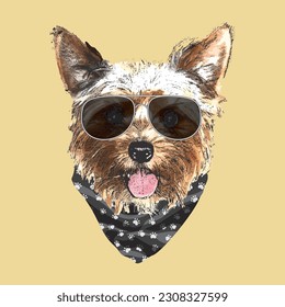 Yorkshire Terrier portrait, Cute cool dog in glasses and bandana, Vector illustration.