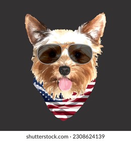 Yorkshire Terrier portrait, Cute cool dog in glasses and USA flag bandana, Vector illustration.