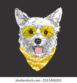 Yorkshire Terrier portrait, Cute cool dog in glasses and bandana, Vector illustration.