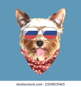 Yorkshire Terrier portrait, Cute cool dog in Russia flag glasses and bandana, Vector illustration.