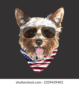 Yorkshire Terrier portrait, Cute cool dog in glasses and USA flag bandana, Vector illustration.