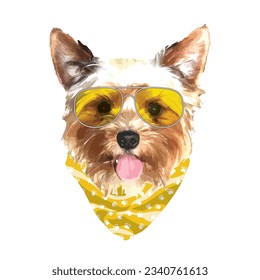 Yorkshire Terrier portrait, Cute cool dog in glasses and bandana, Vector illustration.