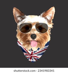 Yorkshire Terrier portrait, Cute cool dog in glasses and UK flag bandana, Vector illustration.