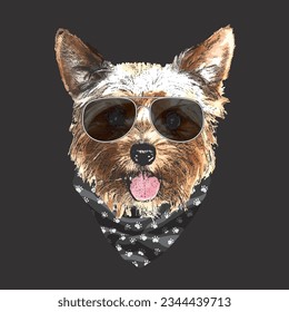 Yorkshire Terrier portrait, Cute cool dog in glasses and bandana, Vector illustration.