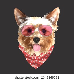 Yorkshire Terrier portrait, Cute cool dog in glasses and bandana, Vector illustration.