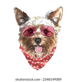 Yorkshire Terrier portrait, Cute cool dog in glasses and bandana, Vector illustration.