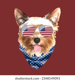 Yorkshire Terrier portrait, Cute cool dog in USA flag glasses and bandana, Vector illustration.