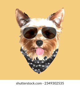 Yorkshire Terrier portrait, Cute cool dog in glasses and bandana, Vector illustration.