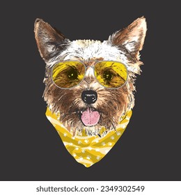 Yorkshire Terrier portrait, Cute cool dog in glasses and bandana, Vector illustration.