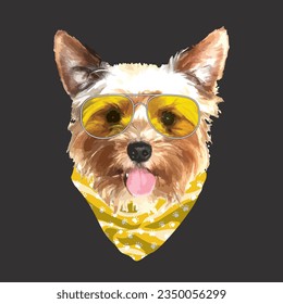 Yorkshire Terrier portrait, Cute cool dog in glasses and bandana, Vector illustration.