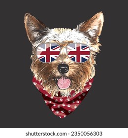 Yorkshire Terrier portrait, Cute cool dog in UK flag glasses and bandana, Vector illustration.