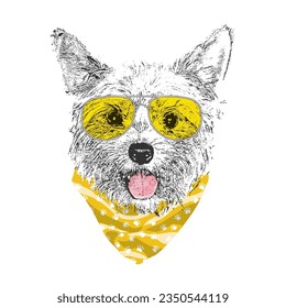 Yorkshire Terrier portrait, Cute cool dog in glasses and bandana, Vector illustration.