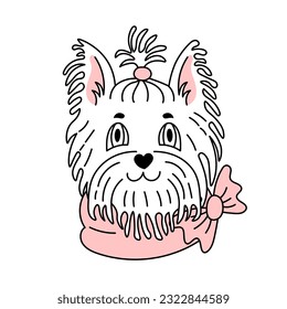 Yorkshire Terrier portrait. Cute decorative little dog head with bow in doodle style. Outline puppy face for print, t shirt. Vector illustration