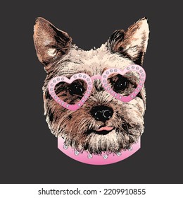 Yorkshire Terrier portrait, Cute dog in glasses with diamonds, Vector illustration.