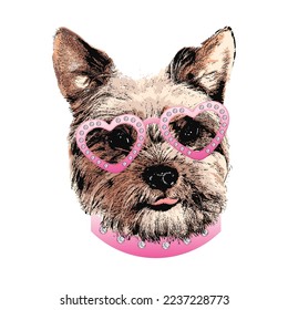 Yorkshire Terrier portrait, Cute dog in glasses with diamonds, Vector illustration.