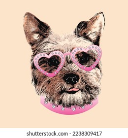 Yorkshire Terrier portrait, Cute dog in glasses with diamonds, Vector illustration.