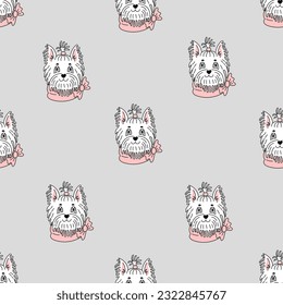 Yorkshire Terrier Seamless Pattern. Cute repeat vector illustration of smiling little dog with bow in cartoon doodle style.