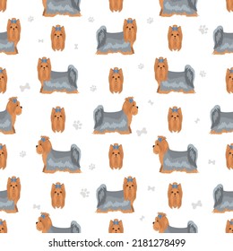 Yorkshire Terrier seamless pattern. Different poses, coat colors set.  Vector illustration