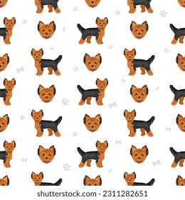 Yorkshire Terrier seamless pattern. Different poses, coat colors set.  Vector illustration