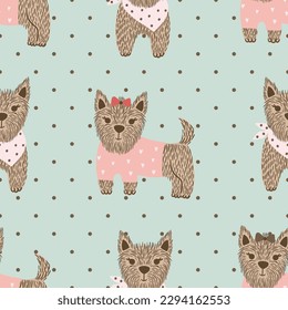 Yorkshire terrier seamless pattern. Vector illustration with cute dogs.  It can be used for apparel, wallpaper, fabric, textile. 