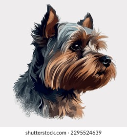 Yorkshire Terrier vector portrait hand draw. Colours bright dog on gray background isolated.