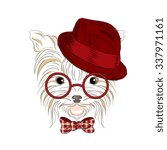 Yorkshire Terrier in the vector. Puppy in a hat and sunglasses . Hand drawing of a dog .
