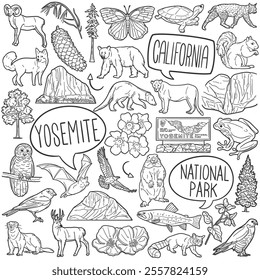 Yosemite Doodle Icons Black and White Line Art. National Park Clipart Hand Drawn Symbol Design.