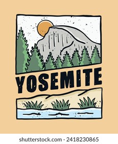 Yosemite Half Dome vector hand drawing for t shirt, badge, sticker illustration