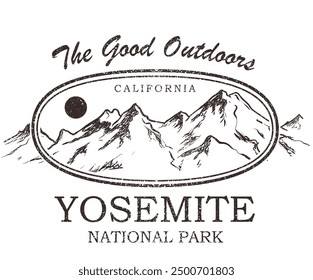 Yosemite mountain. Explore the great outdoors, vector mountain with sunset. Vintage mountain graphic artwork for t shirt. Hill peak adventure vintage print design. Life is good. Adventure is calling.