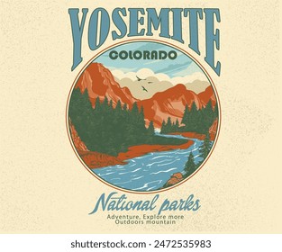 Obra de arte del parque nacional de Yosemite. Diseño de estampado vintage de aventura de montaña para camiseta. Diseño de arte de Vector de lagos salvajes. Explore más.