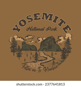 Yosemite national park autumn winter T-shirt graphic print for hand drawn,  graphic print design for t shirt and others. Mountain and wild tree vintage artwork.