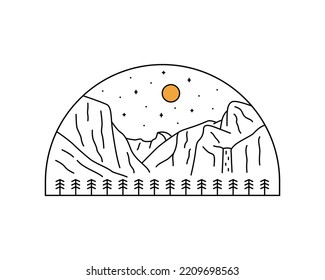 Yosemite National Park in mono line art, patch badge design, emblem design, T-Shirt Design