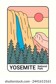 Der Yosemite Nationalpark Mono-Linie Grafik-Illustrationsvektor für T-Shirt, Abzeichen, Poster-Design