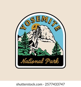 Yosemite National Park vector graphic. Half Dome, trees, and a vibrant sky. Perfect for outdoor, travel, and nature-inspired designs, t-shirts or merchandise.