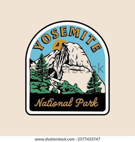 Yosemite National Park vector graphic. Half Dome, trees, and a vibrant sky. Perfect for outdoor, travel, and nature-inspired designs, t-shirts or merchandise.