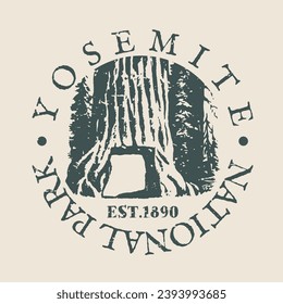 Yosemite Valley, CA, USA Silhouette Postal Passport. Stamp Round Vector Icon. Design Travel Postmark. 