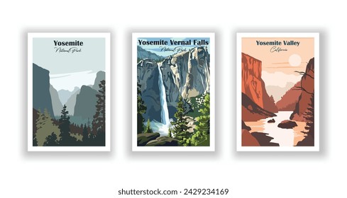 Yosemite Valley, California. Yosemite Vernal Falls, National Park. Yosemite, National Park - Vintage travel poster. Vector illustration. High quality prints svg