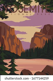 Yosemite Vector Illustration Background. Travel To Yosemite National Park Central California United State Of America. Flat Cartoon Vector Illustration In Colored Style.