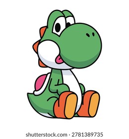 yoshi dinosaur sitting on ground looking happy and cute green color