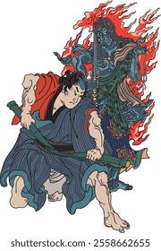 Yoshitoshi Tsukioka’s Beautiful Suikoden: Kengoro Karikara depicts the heroic swordsman Kengoro. Vivid details highlight his martial prowess, nobility, and strength as a samurai.